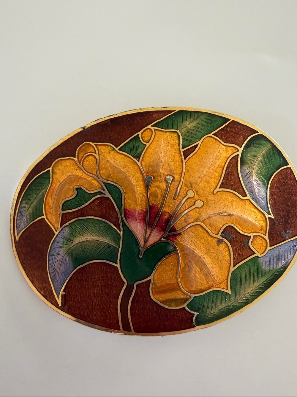 Vtg  80’s cloisonné lily belt buckle